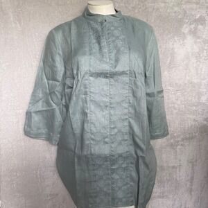 Kenar Womens Embroidered Linen Button Down Shirt Sz 1X Sage 3/4 Sleeve coastal